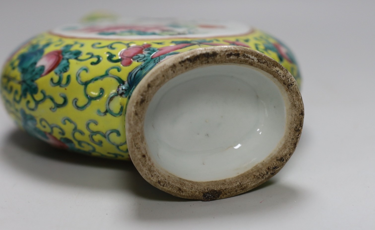 A Chinese yellow ground famille rose moonflask, late 19th century, neck a/f, 25cms high